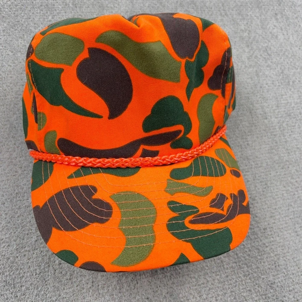 Vintage Camo Trucker Hat Cap Snapback Blaze Orange Rope 90s  Bubble Nissin